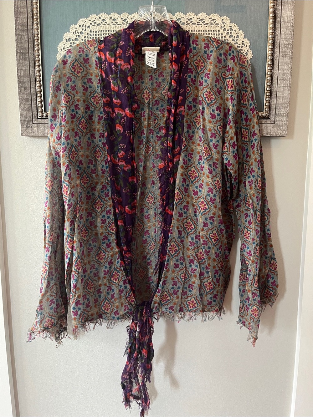 NATURAL LIFE Boho Floral Open-Front Cardigan in Gray with Purple Accents